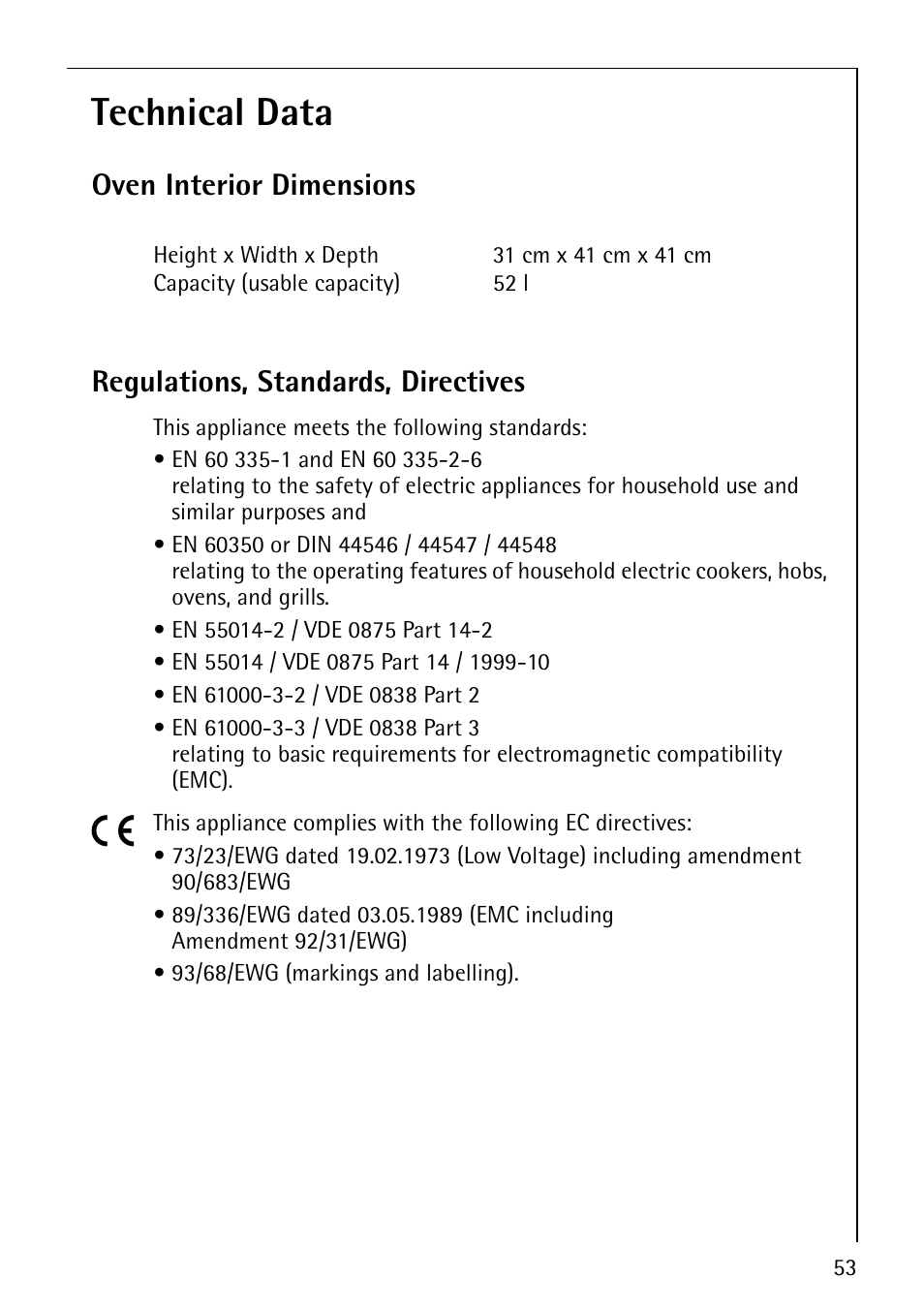 Technical data | AEG COMPETENCE E4130-1 User Manual | Page 53 / 56