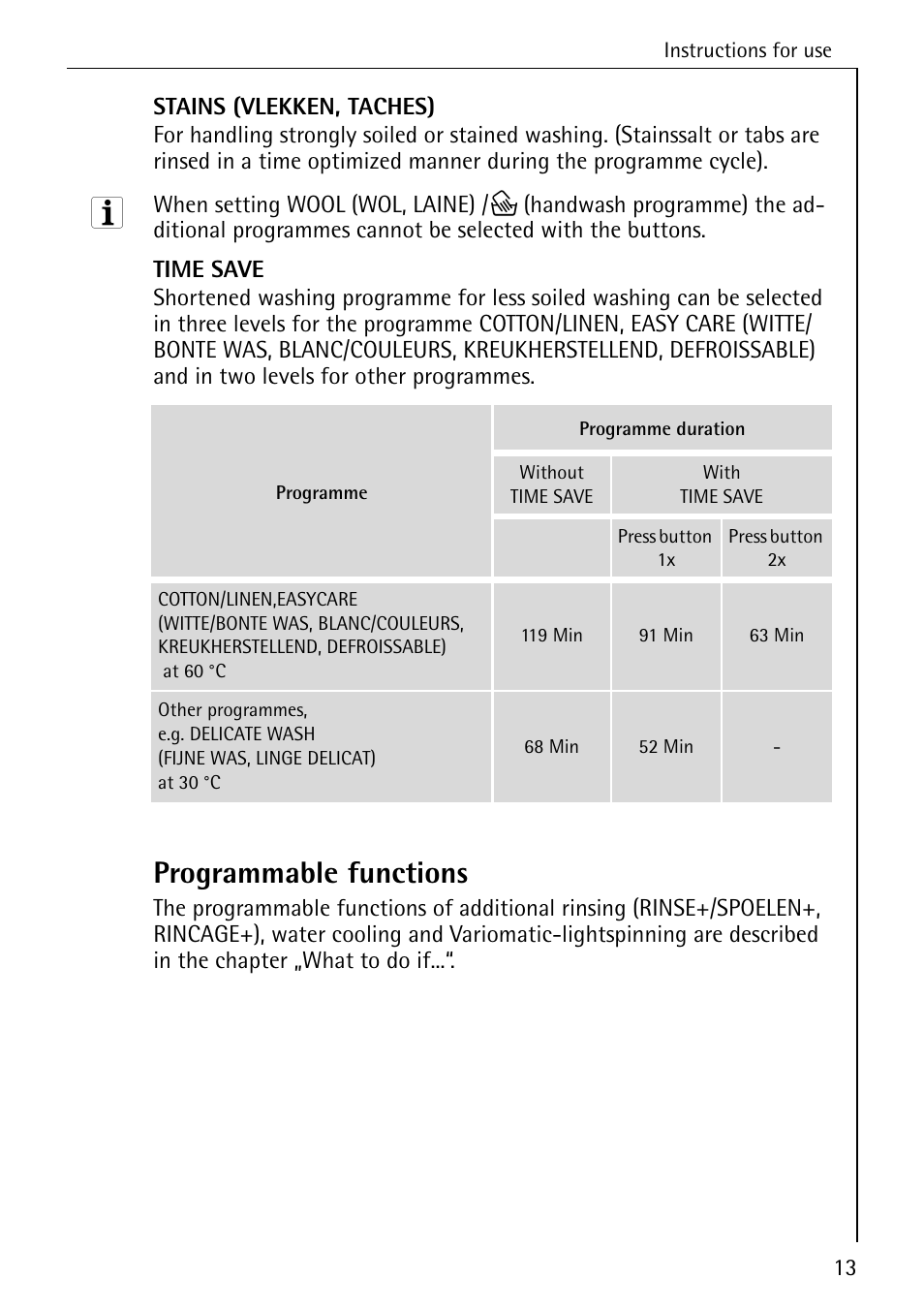 Programmable functions | AEG LAVAMAT 86740 User Manual | Page 13 / 64