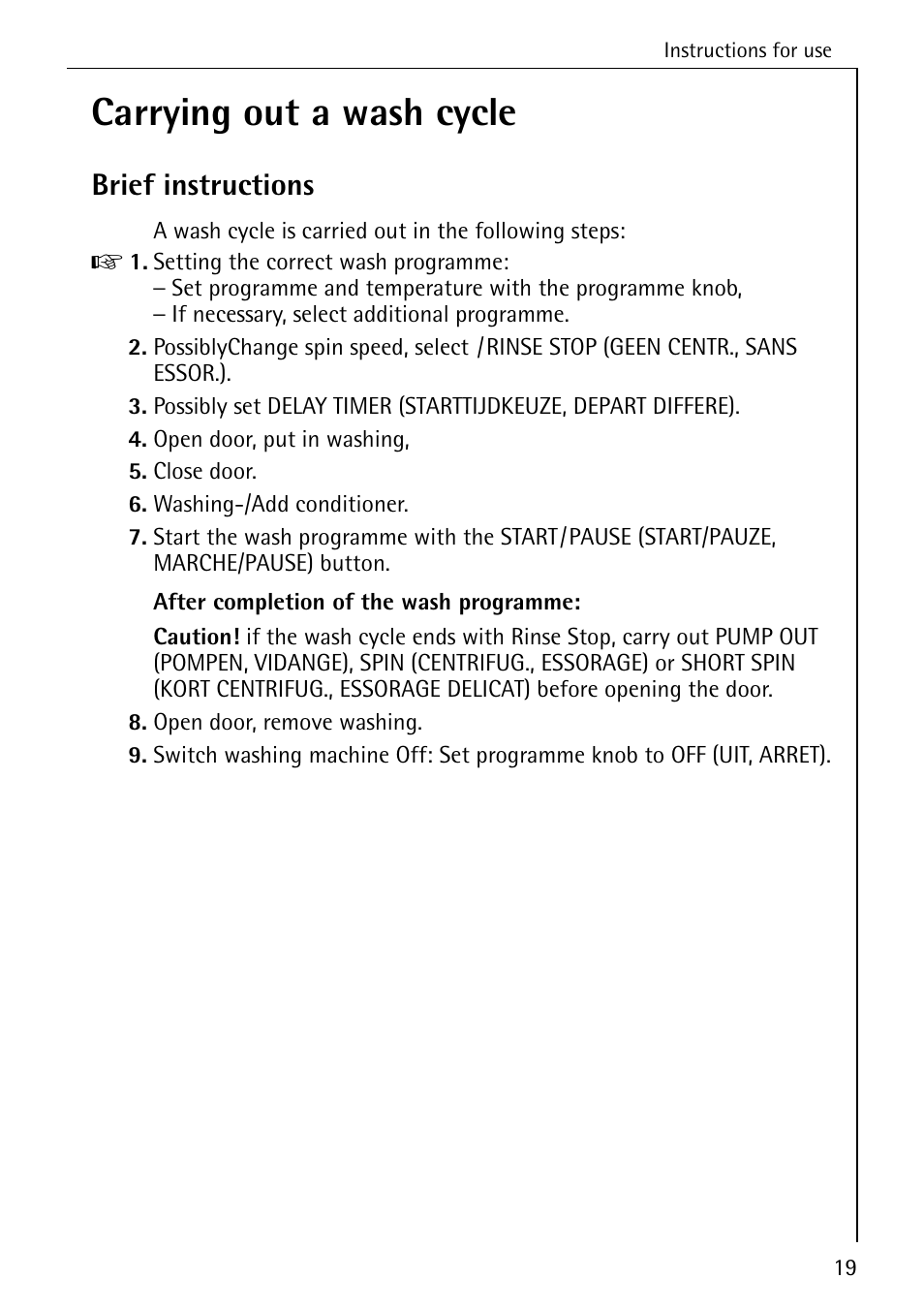Carrying out a wash cycle, Brief instructions | AEG LAVAMAT 86740 User Manual | Page 19 / 64