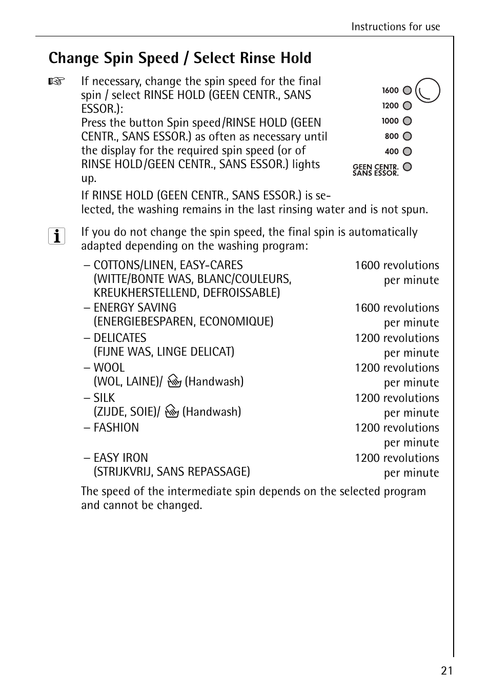 Change spin speed / select rinse hold | AEG LAVAMAT 86740 User Manual | Page 21 / 64