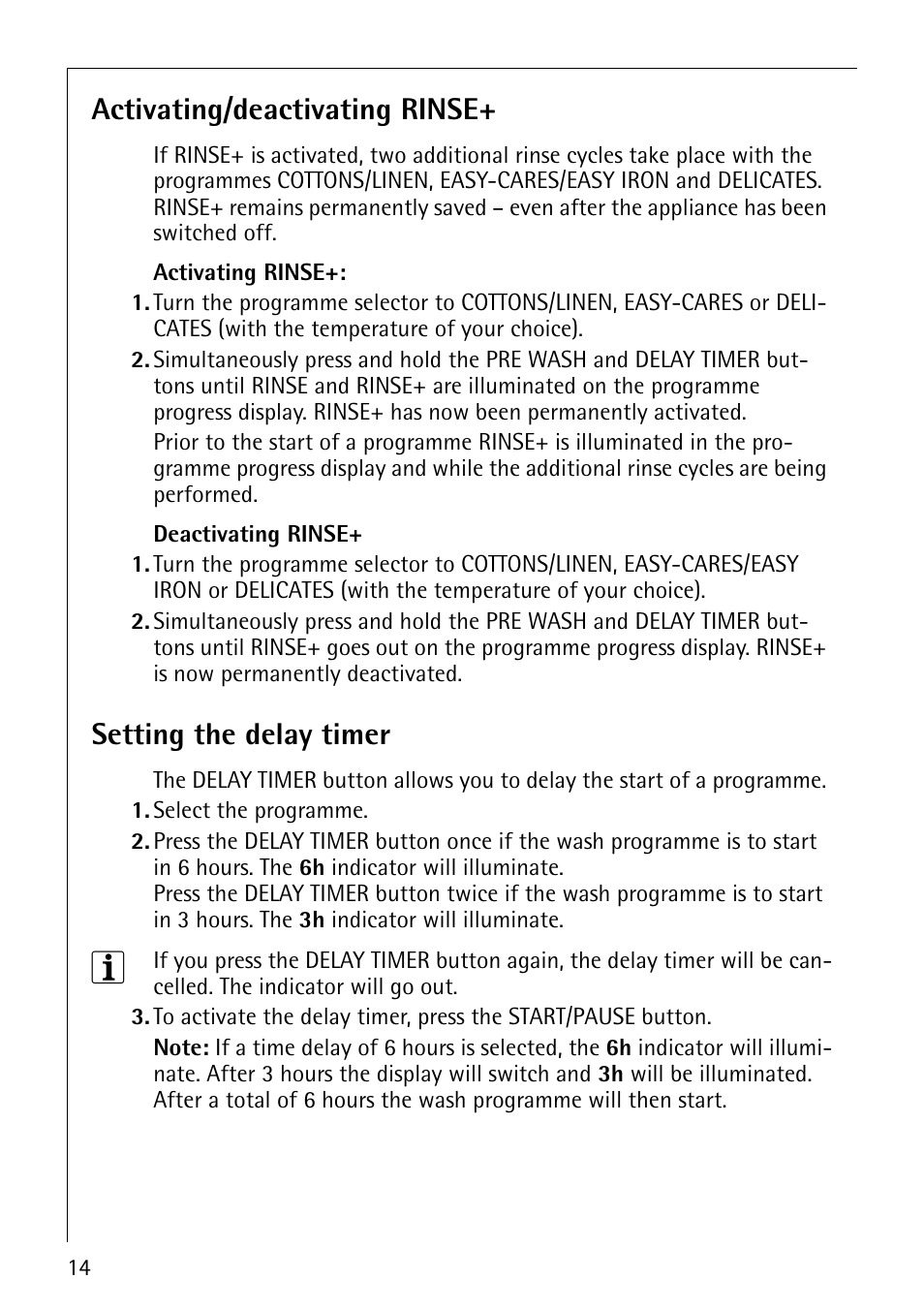 Activating/deactivating rinse, Setting the delay timer | AEG LAVAMAT 52600 User Manual | Page 14 / 36