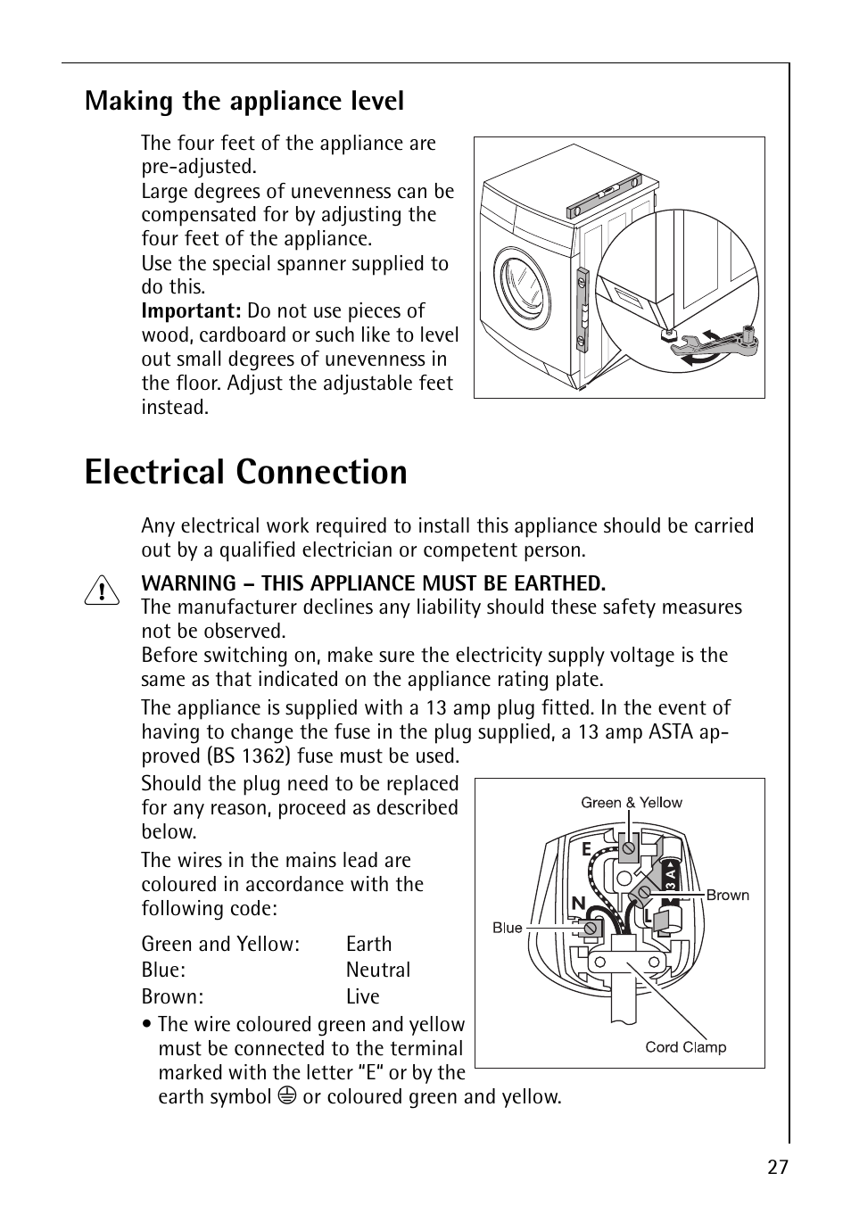 Electrical connection, Making the appliance level | AEG LAVAMAT 52600 User Manual | Page 27 / 36