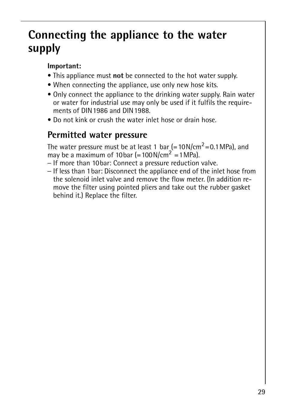 Connecting the appliance to the water supply, Permitted water pressure | AEG LAVAMAT 52600 User Manual | Page 29 / 36