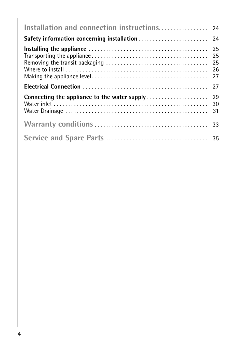 Installation and connection instructions, Warranty conditions, Service and spare parts | AEG LAVAMAT 52600 User Manual | Page 4 / 36