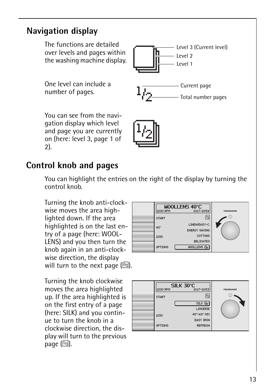 Navigation display, Control knob and pages | AEG LAVALOGIC 1600 User Manual | Page 13 / 68