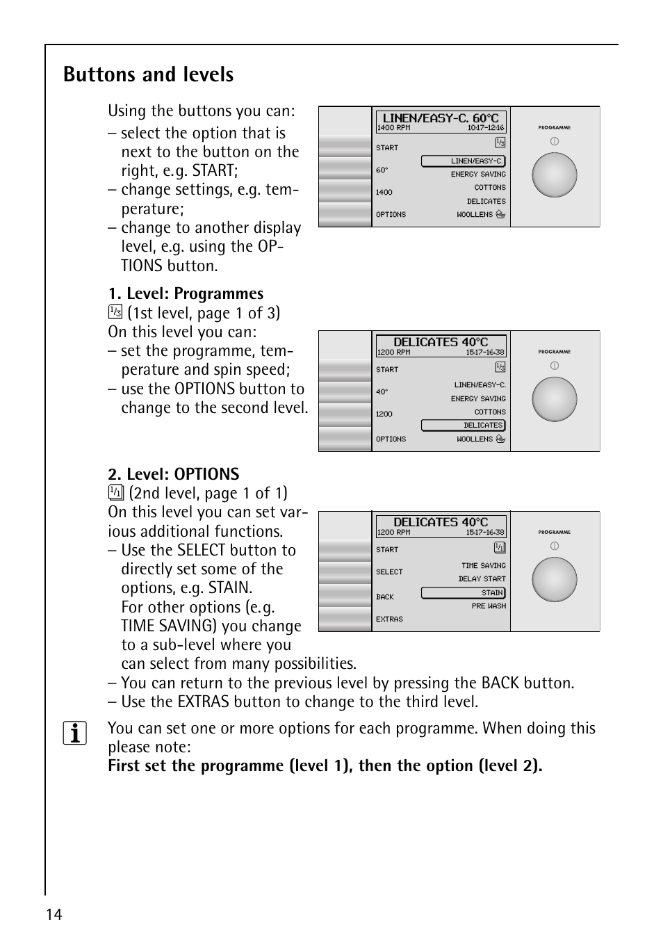 Buttons and levels | AEG LAVALOGIC 1600 User Manual | Page 14 / 68