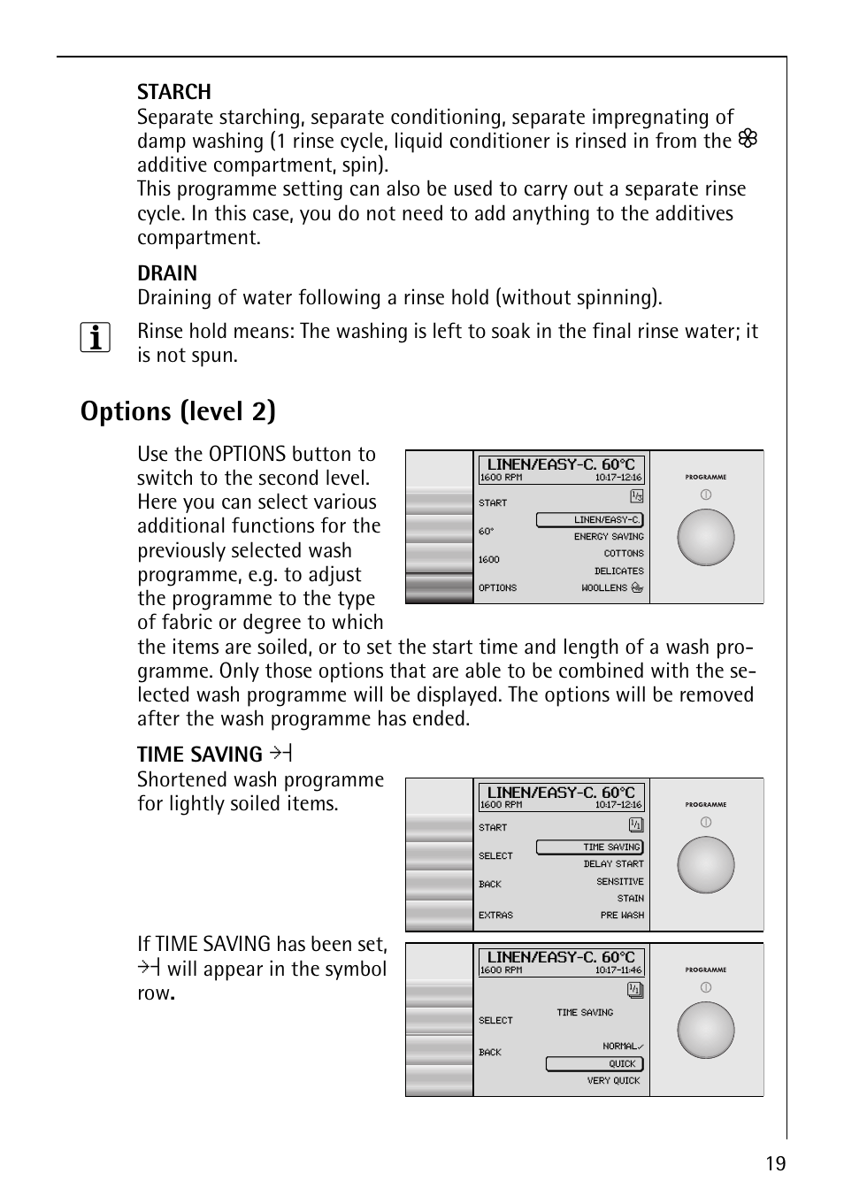 Options (level 2), Shortened wash programme for lightly soiled items | AEG LAVALOGIC 1600 User Manual | Page 19 / 68
