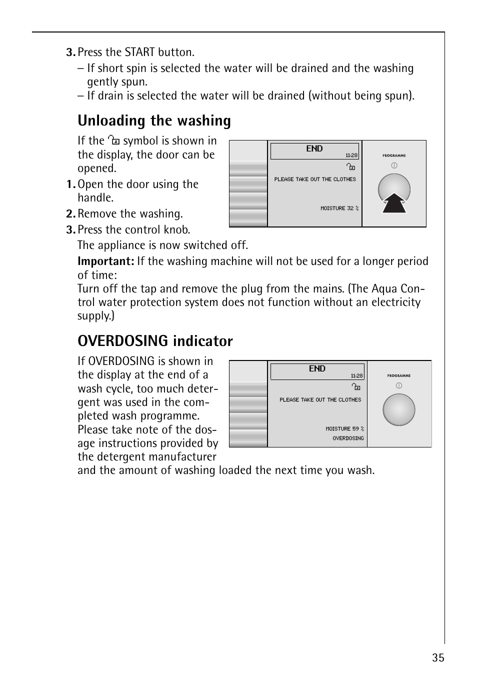 Unloading the washing, Overdosing indicator, If the o | AEG LAVALOGIC 1600 User Manual | Page 35 / 68