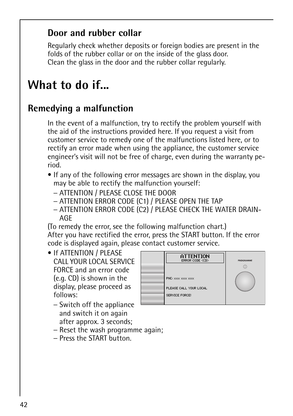 What to do if, Door and rubber collar, Remedying a malfunction | AEG LAVALOGIC 1600 User Manual | Page 42 / 68