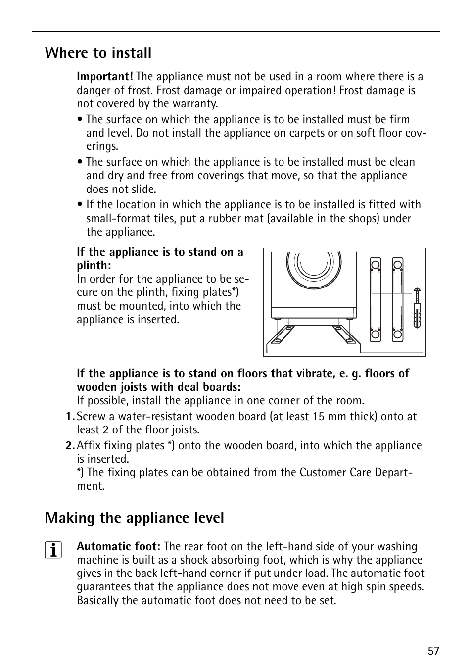 Where to install, Making the appliance level | AEG LAVALOGIC 1600 User Manual | Page 57 / 68