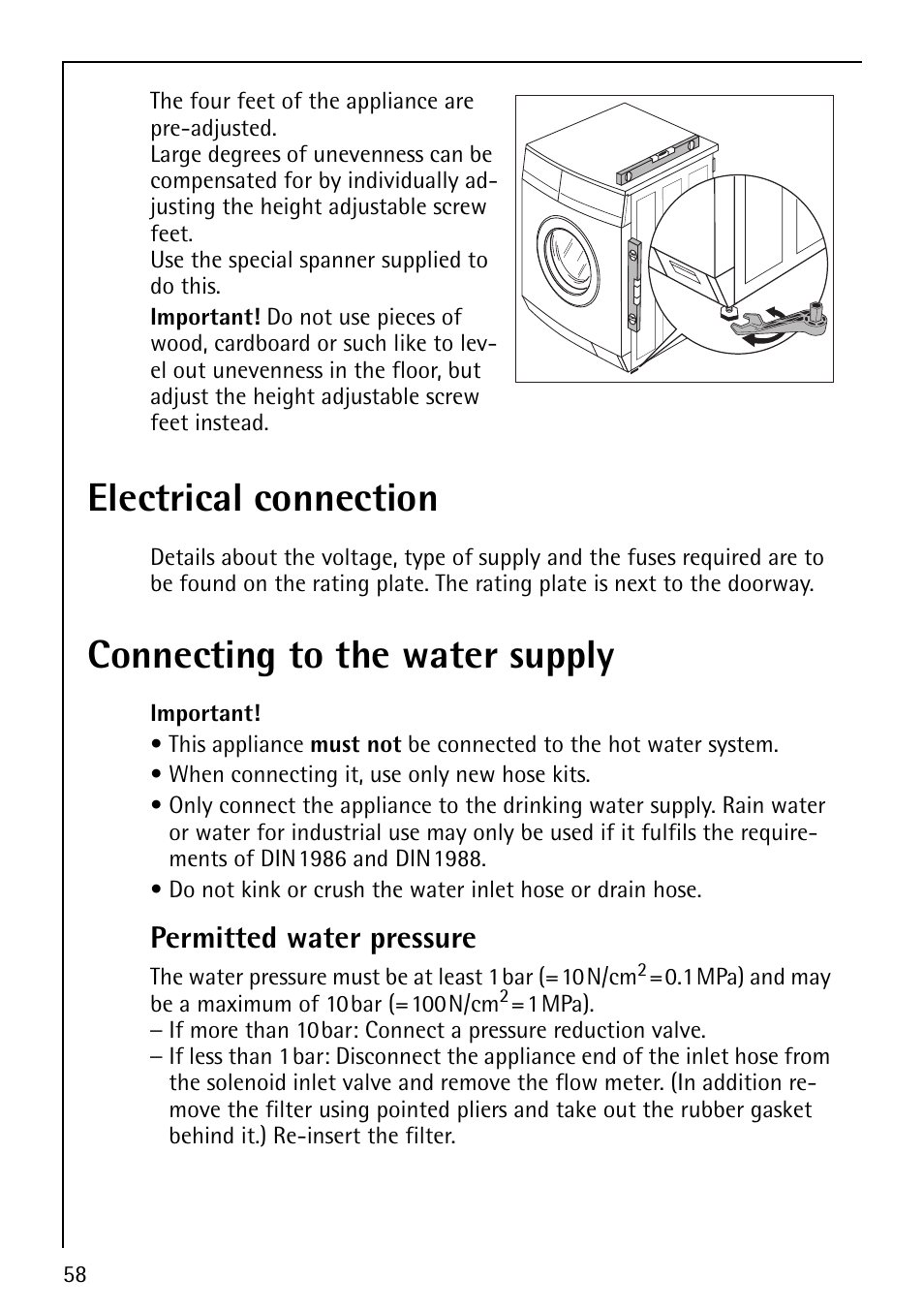 Electrical connection, Connecting to the water supply, Permitted water pressure | AEG LAVALOGIC 1600 User Manual | Page 58 / 68