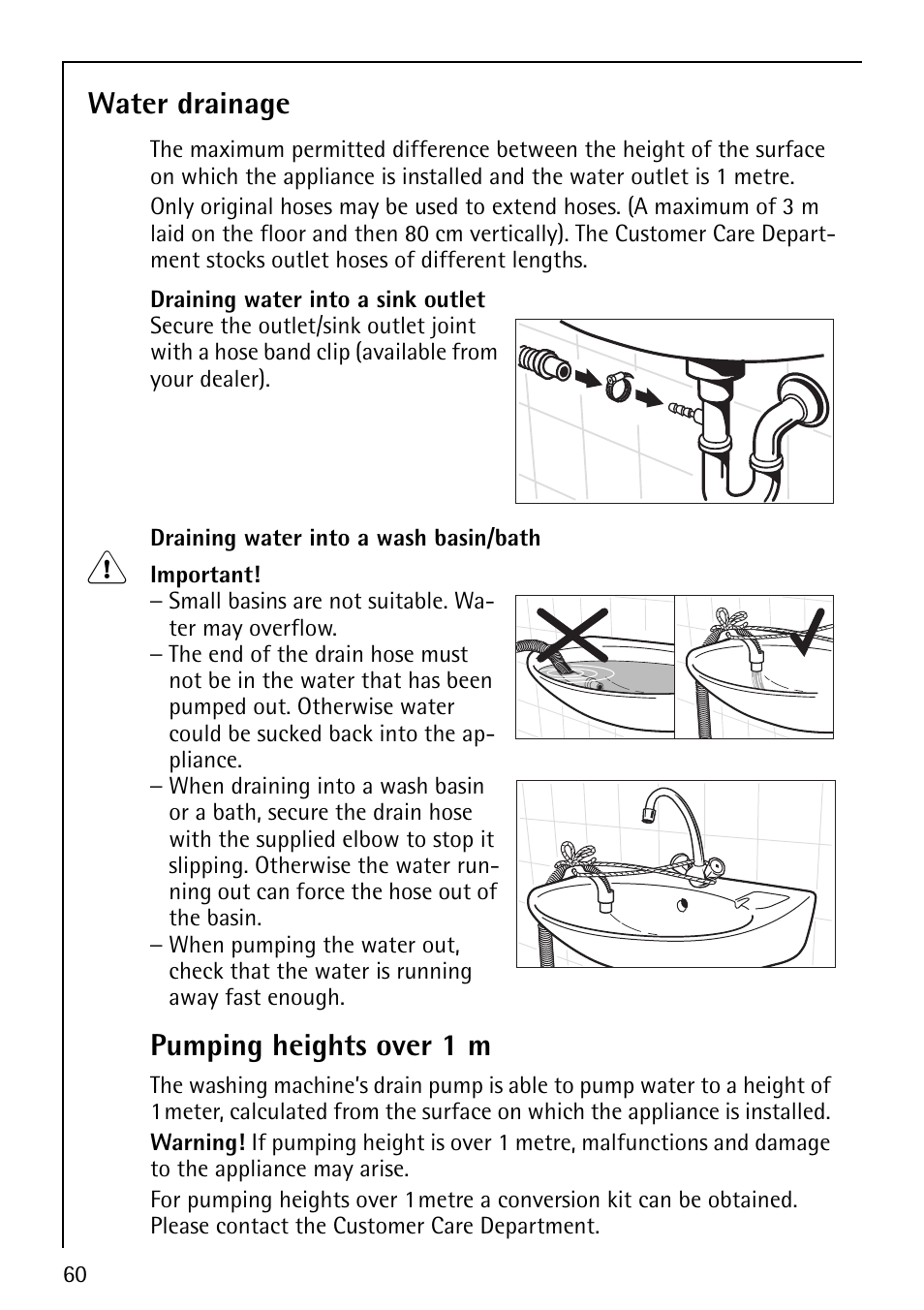 Water drainage, Pumping heights over 1 m | AEG LAVALOGIC 1600 User Manual | Page 60 / 68