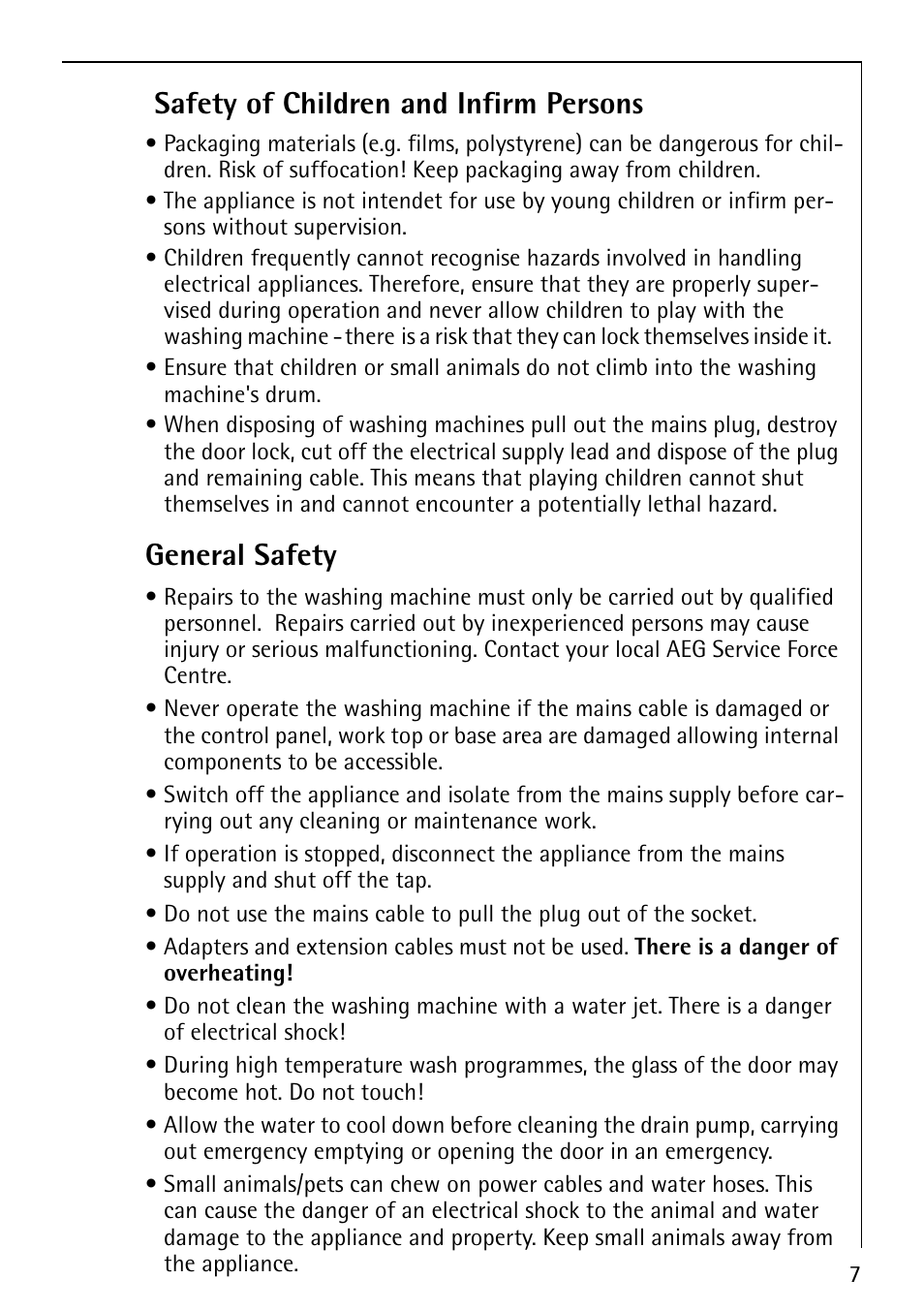 Safety of children and infirm persons, General safety | AEG LAVALOGIC 1600 User Manual | Page 7 / 68