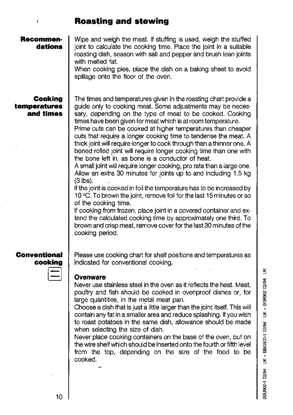 Ovenware, Roasting and stewing | AEG COMPETENCE 2040 B User Manual | Page 10 / 20
