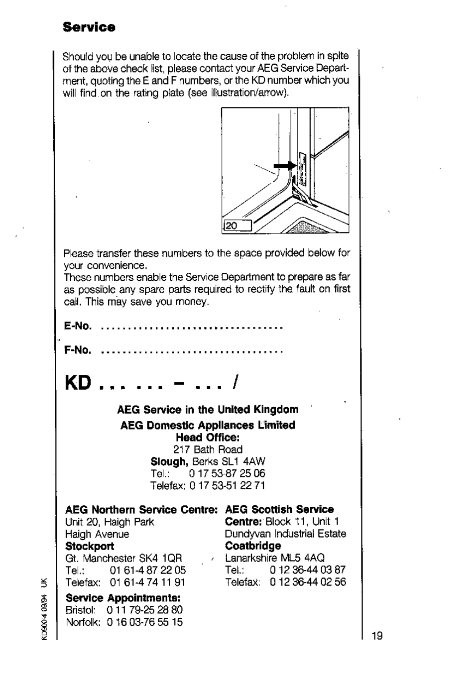 Service, E-no, F-no | Aeg service in the united kingdom, Aeg northern service centre | AEG COMPETENCE 2040 B User Manual | Page 19 / 20