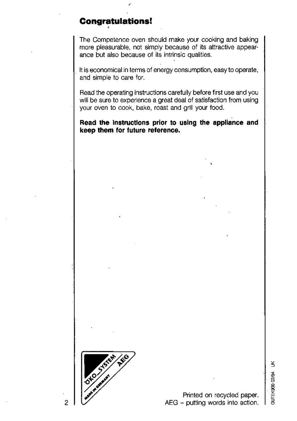 Congratulationsi | AEG COMPETENCE 2040 B User Manual | Page 2 / 20