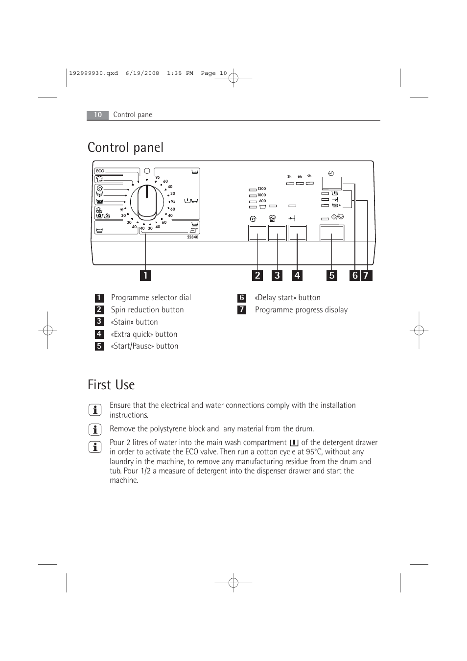 Control panel first use | AEG 52840 User Manual | Page 10 / 46