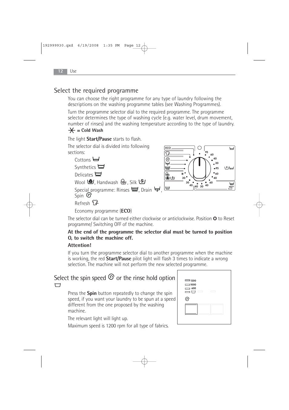 Select the required programme, Select the spin speed or the rinse hold option | AEG 52840 User Manual | Page 12 / 46