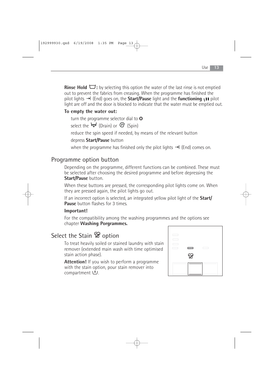 Programme option button, Select the stain option | AEG 52840 User Manual | Page 13 / 46