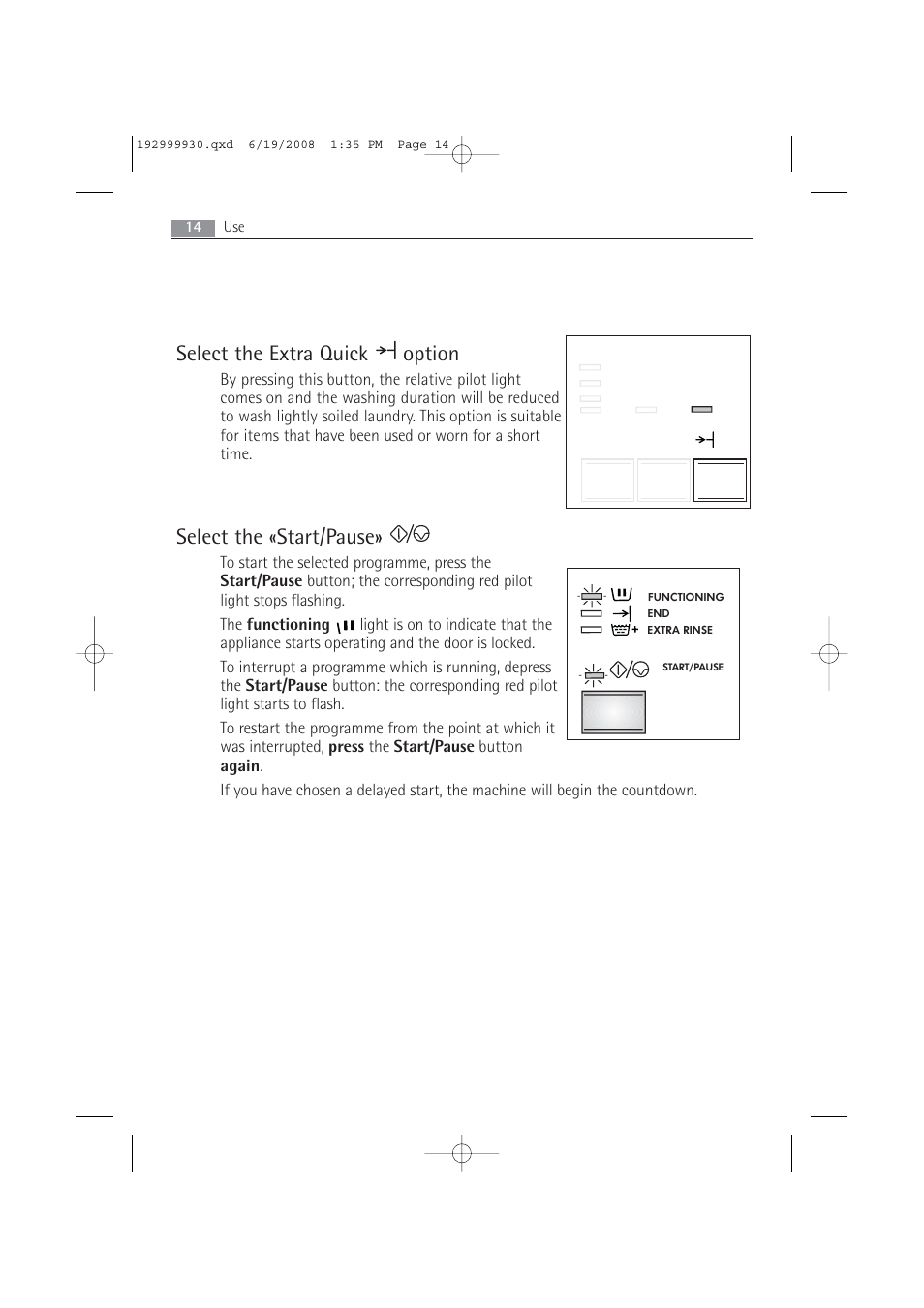 Select the extra quick option, Select the «start/pause | AEG 52840 User Manual | Page 14 / 46