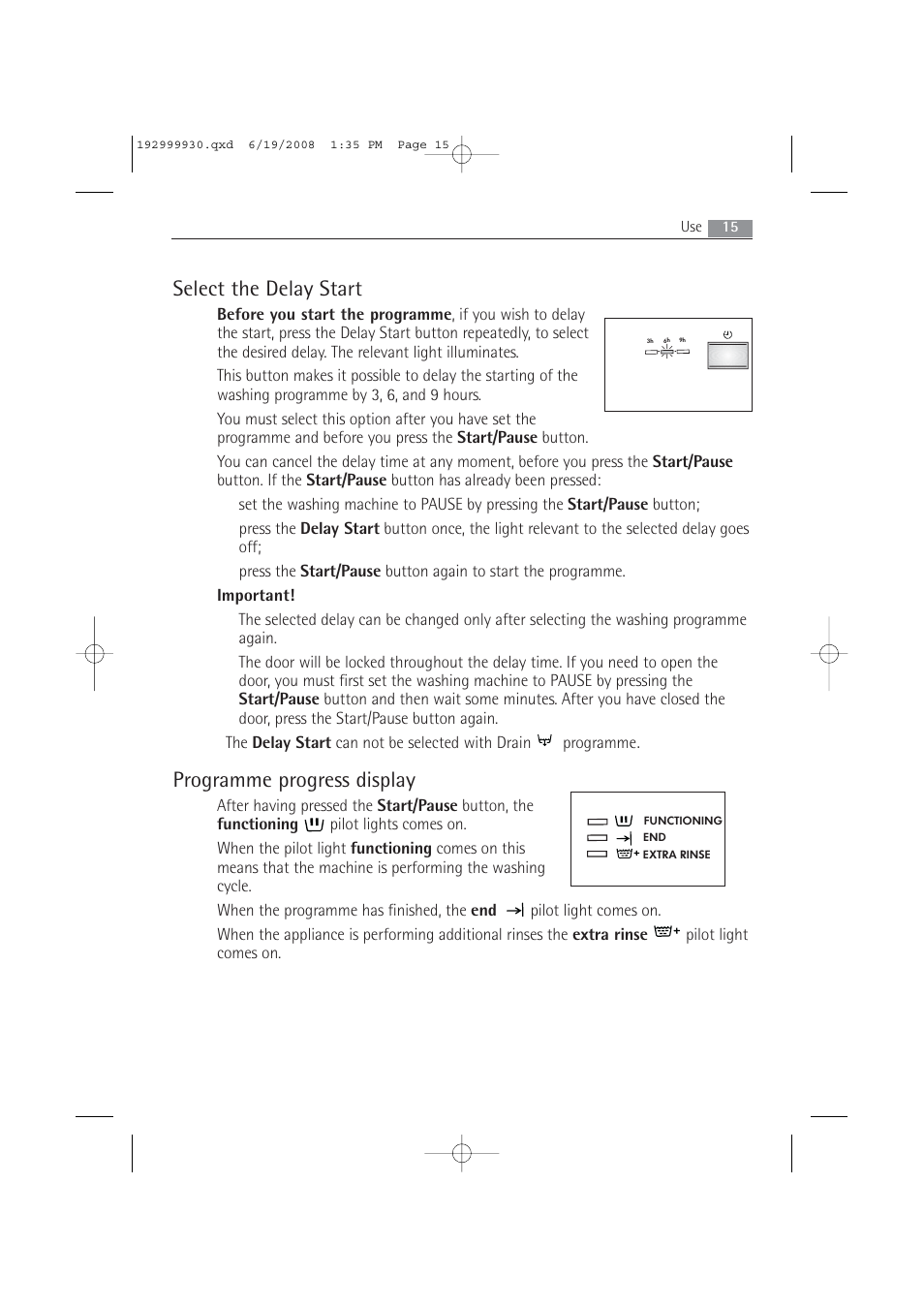 Select the delay start, Programme progress display | AEG 52840 User Manual | Page 15 / 46