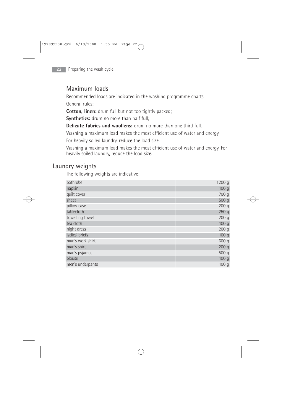 Maximum loads, Laundry weights | AEG 52840 User Manual | Page 22 / 46