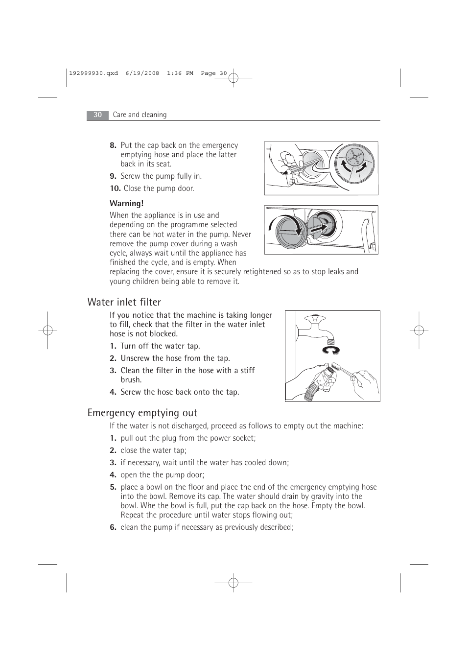 Water inlet filter, Emergency emptying out | AEG 52840 User Manual | Page 30 / 46