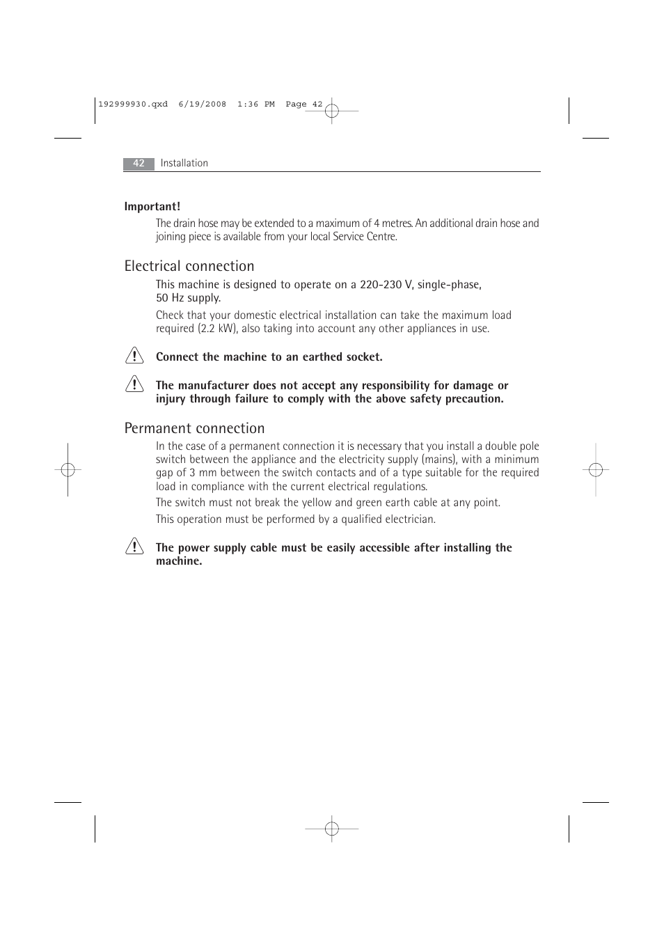 Electrical connection, Permanent connection | AEG 52840 User Manual | Page 42 / 46
