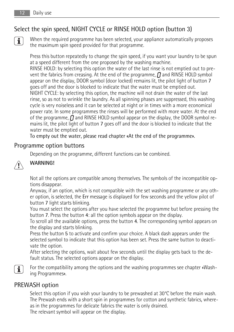 Programme option buttons, Prewash option | AEG LAVAMAT 72850 M User Manual | Page 12 / 40