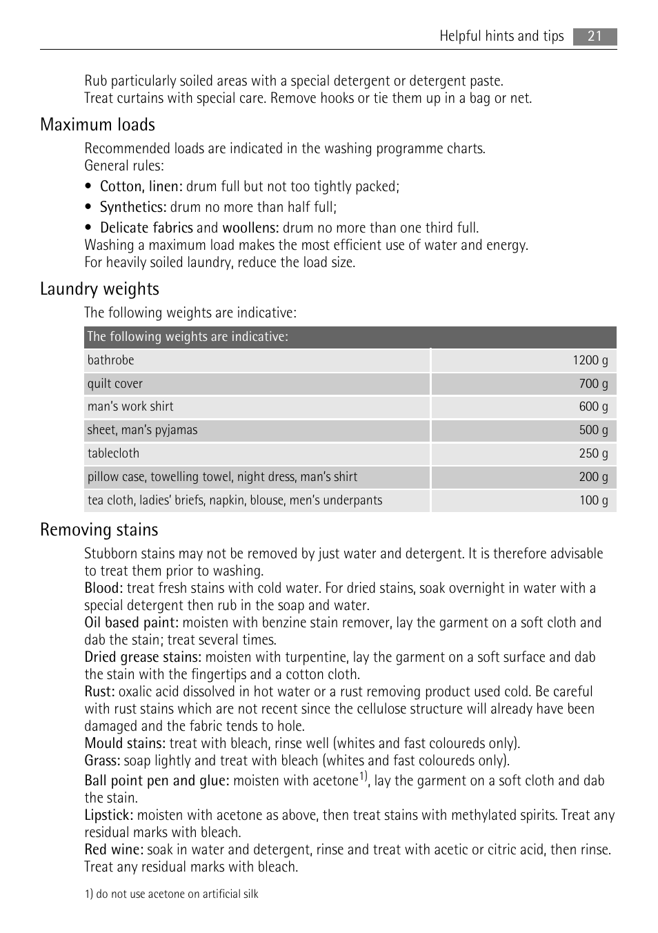 Maximum loads, Laundry weights, Removing stains | AEG LAVAMAT 72850 M User Manual | Page 21 / 40