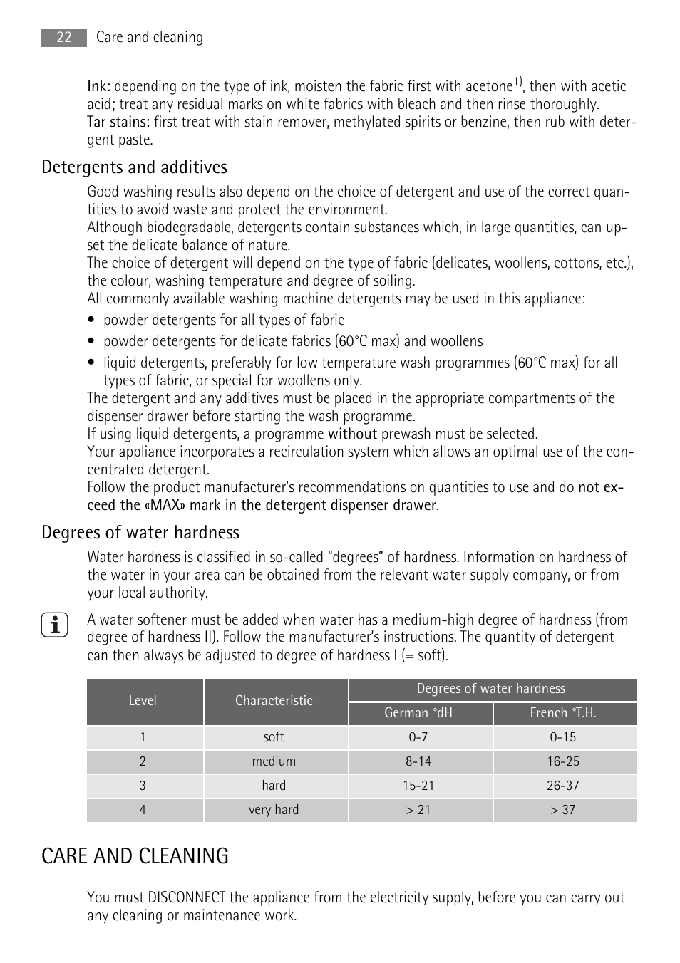 Care and cleaning, Detergents and additives, Degrees of water hardness | AEG LAVAMAT 72850 M User Manual | Page 22 / 40