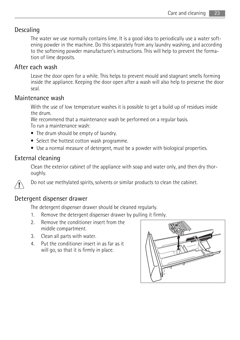 Descaling, After each wash, Maintenance wash | External cleaning, Detergent dispenser drawer | AEG LAVAMAT 72850 M User Manual | Page 23 / 40