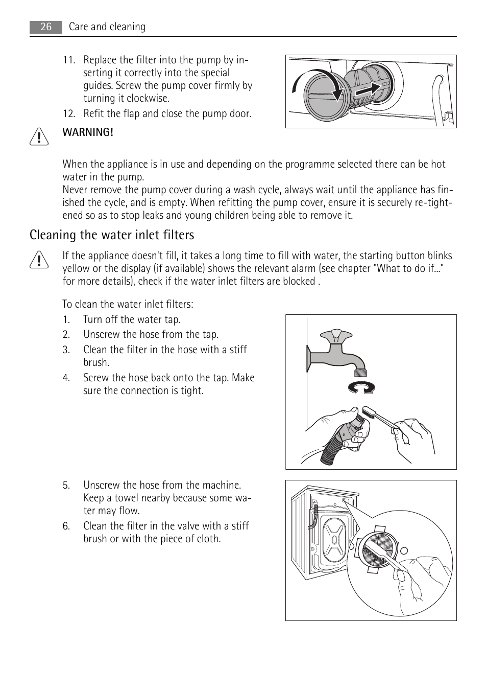 Cleaning the water inlet filters | AEG LAVAMAT 72850 M User Manual | Page 26 / 40