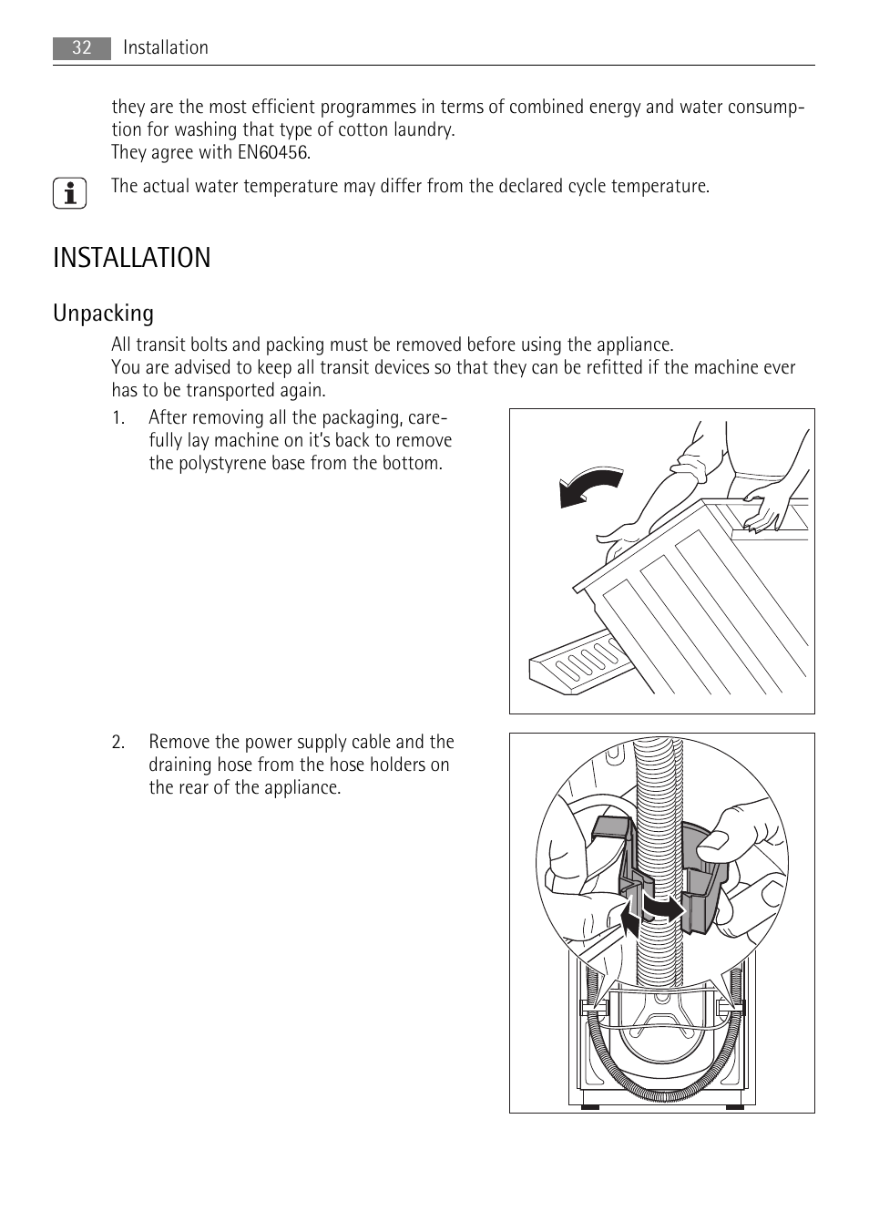 Installation, Unpacking | AEG LAVAMAT 72850 M User Manual | Page 32 / 40