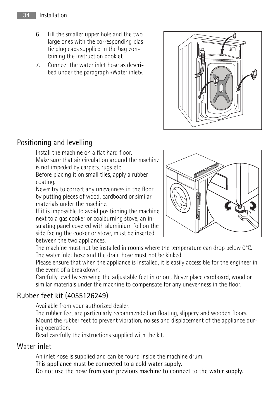 Positioning and levelling, Water inlet | AEG LAVAMAT 72850 M User Manual | Page 34 / 40