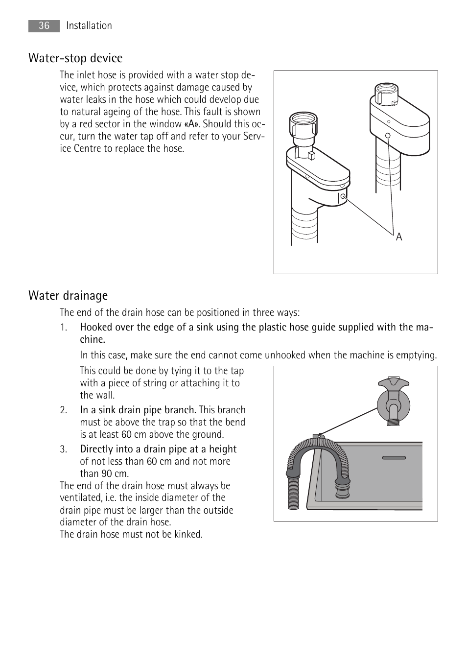 Water-stop device, Water drainage | AEG LAVAMAT 72850 M User Manual | Page 36 / 40