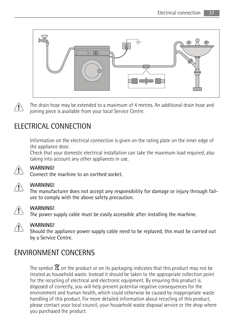 Electrical connection, Environment concerns | AEG LAVAMAT 72850 M User Manual | Page 37 / 40