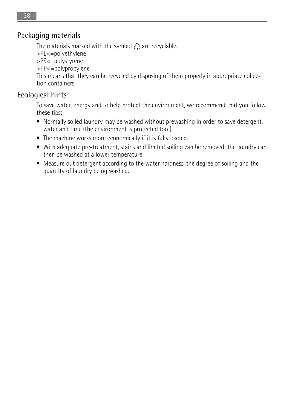 Packaging materials, Ecological hints | AEG LAVAMAT 72850 M User Manual | Page 38 / 40