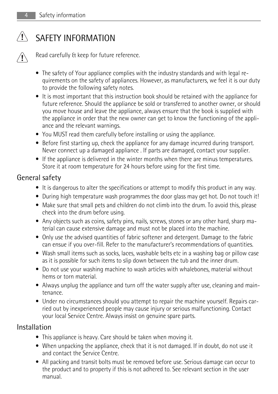 Safety information, General safety, Installation | AEG LAVAMAT 72850 M User Manual | Page 4 / 40