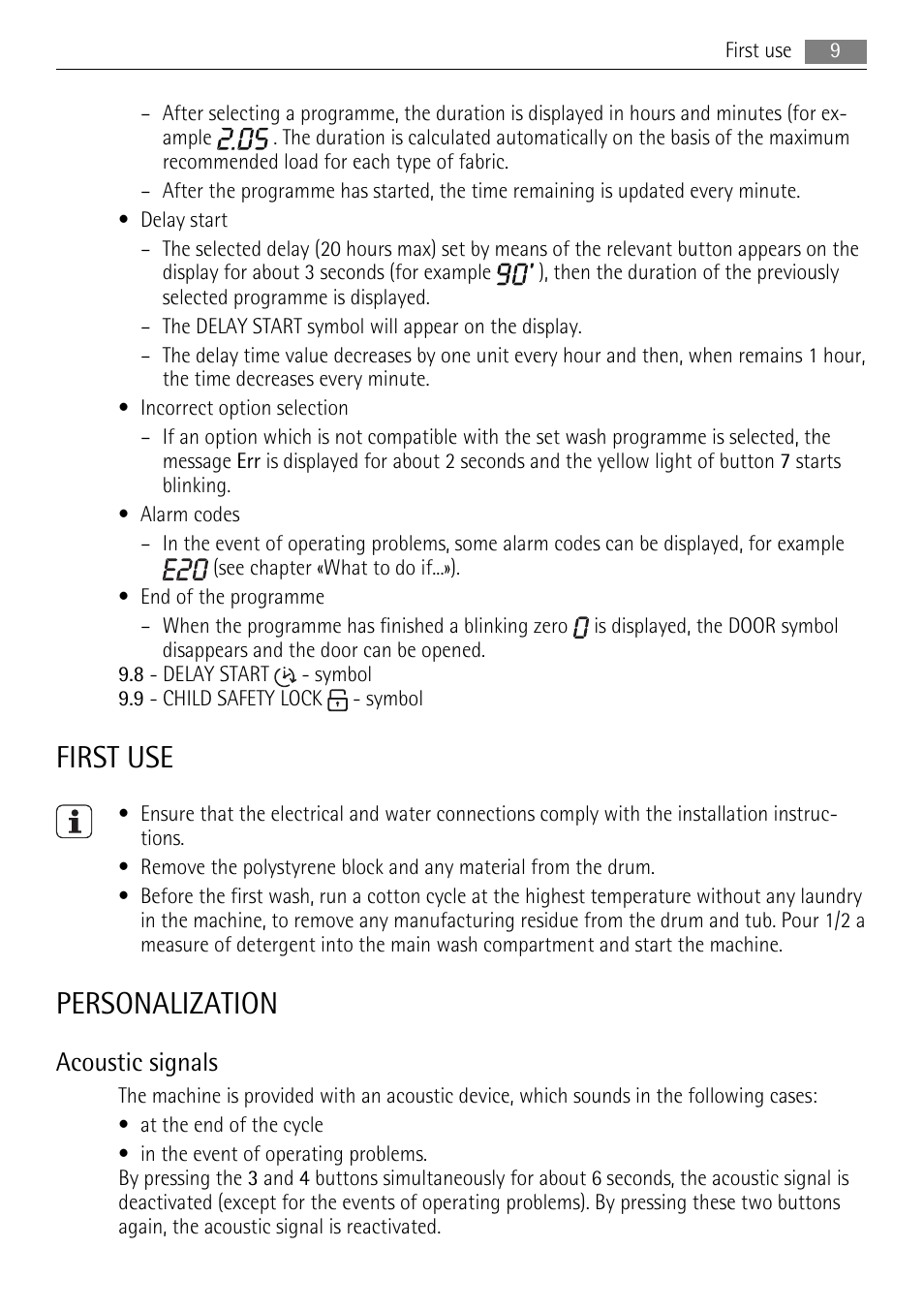 First use, Personalization, Acoustic signals | AEG LAVAMAT 72850 M User Manual | Page 9 / 40