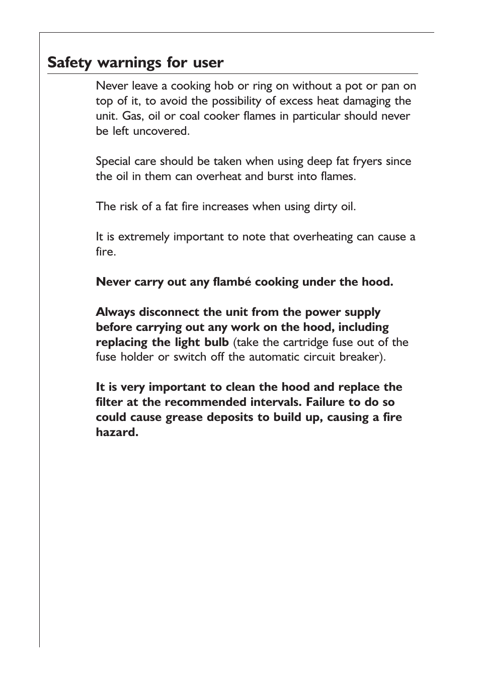 Safety warnings for user | AEG EXTRACTORHOOD 125 D User Manual | Page 12 / 20