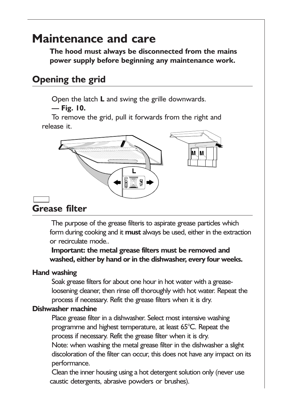 Maintenance and care, Opening the grid, Grease filter | AEG EXTRACTORHOOD 125 D User Manual | Page 13 / 20