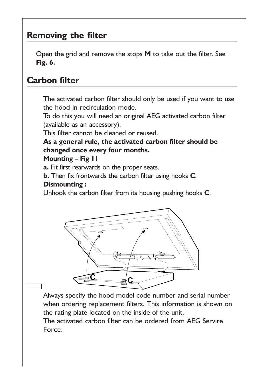 Removing the filter, Carbon filter | AEG EXTRACTORHOOD 125 D User Manual | Page 14 / 20