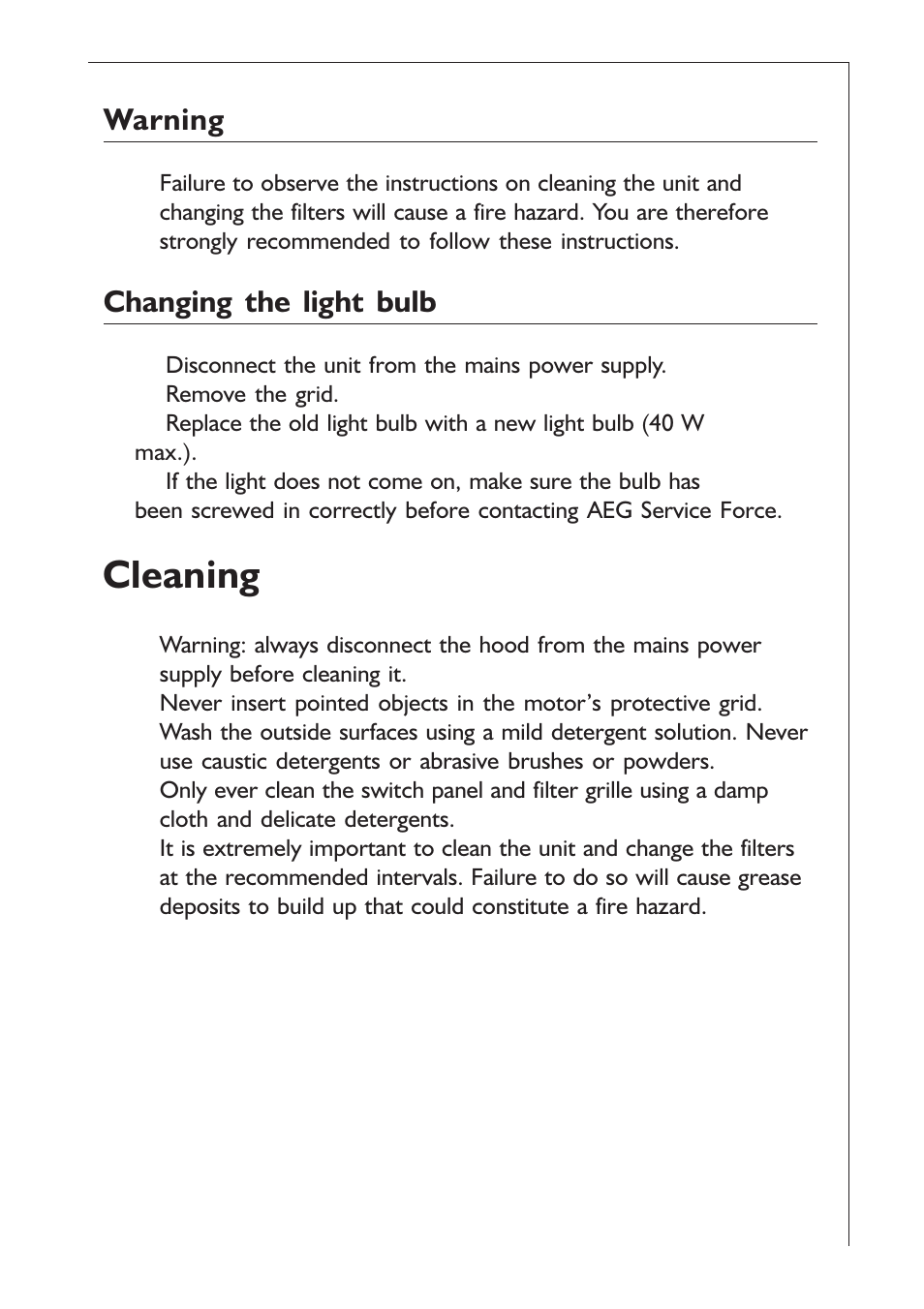 Cleaning, Warning, Changing the light bulb | AEG EXTRACTORHOOD 125 D User Manual | Page 15 / 20