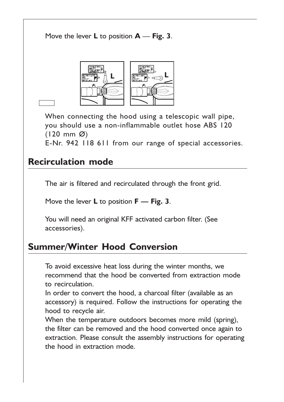 Recirculation mode, Summer/winter hood conversion | AEG EXTRACTORHOOD 125 D User Manual | Page 4 / 20