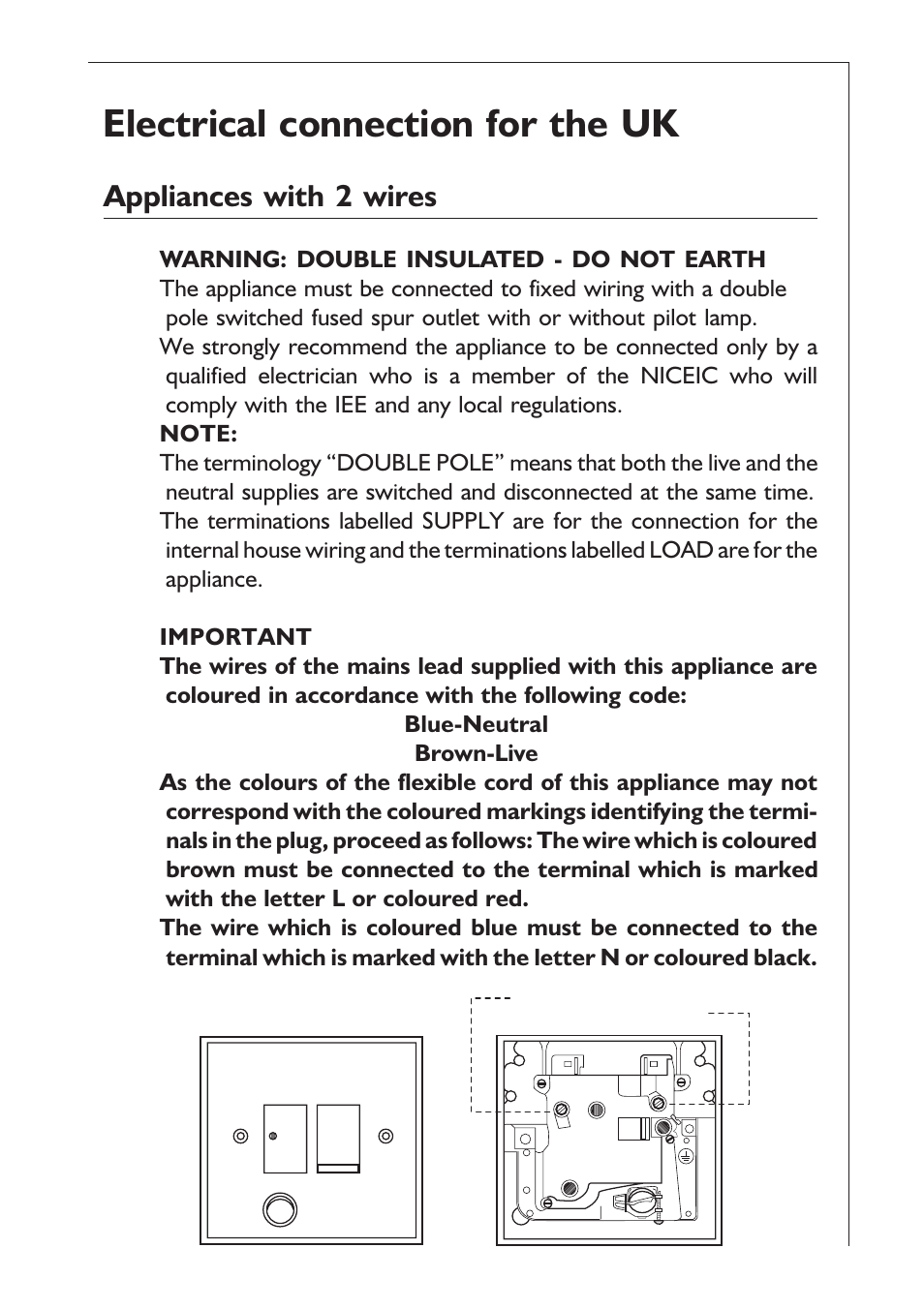 Electrical connection for the uk, Appliances with 2 wires | AEG EXTRACTORHOOD 125 D User Manual | Page 5 / 20