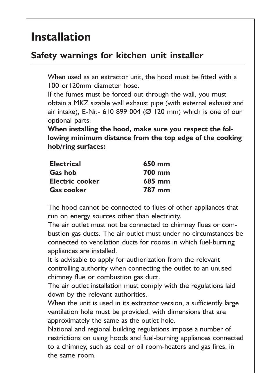 Installation, Safety warnings for kitchen unit installer | AEG EXTRACTORHOOD 125 D User Manual | Page 7 / 20