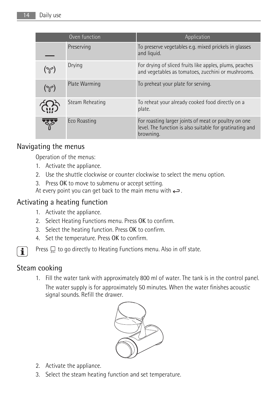 Navigating the menus, Activating a heating function, Steam cooking | AEG BS9304001 User Manual | Page 14 / 28