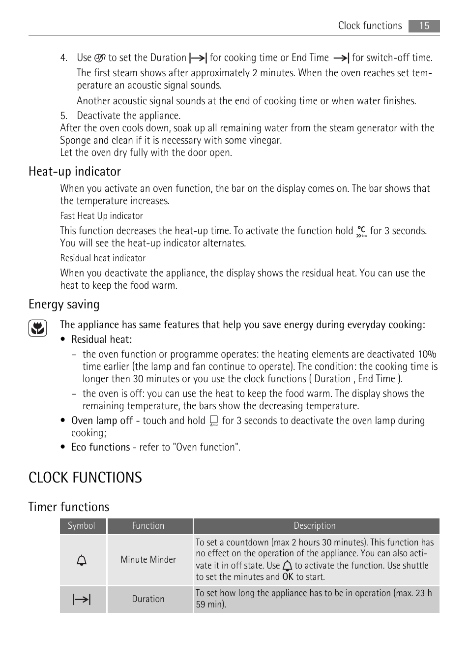 Clock functions, Heat-up indicator, Energy saving | Timer functions | AEG BS9304001 User Manual | Page 15 / 28