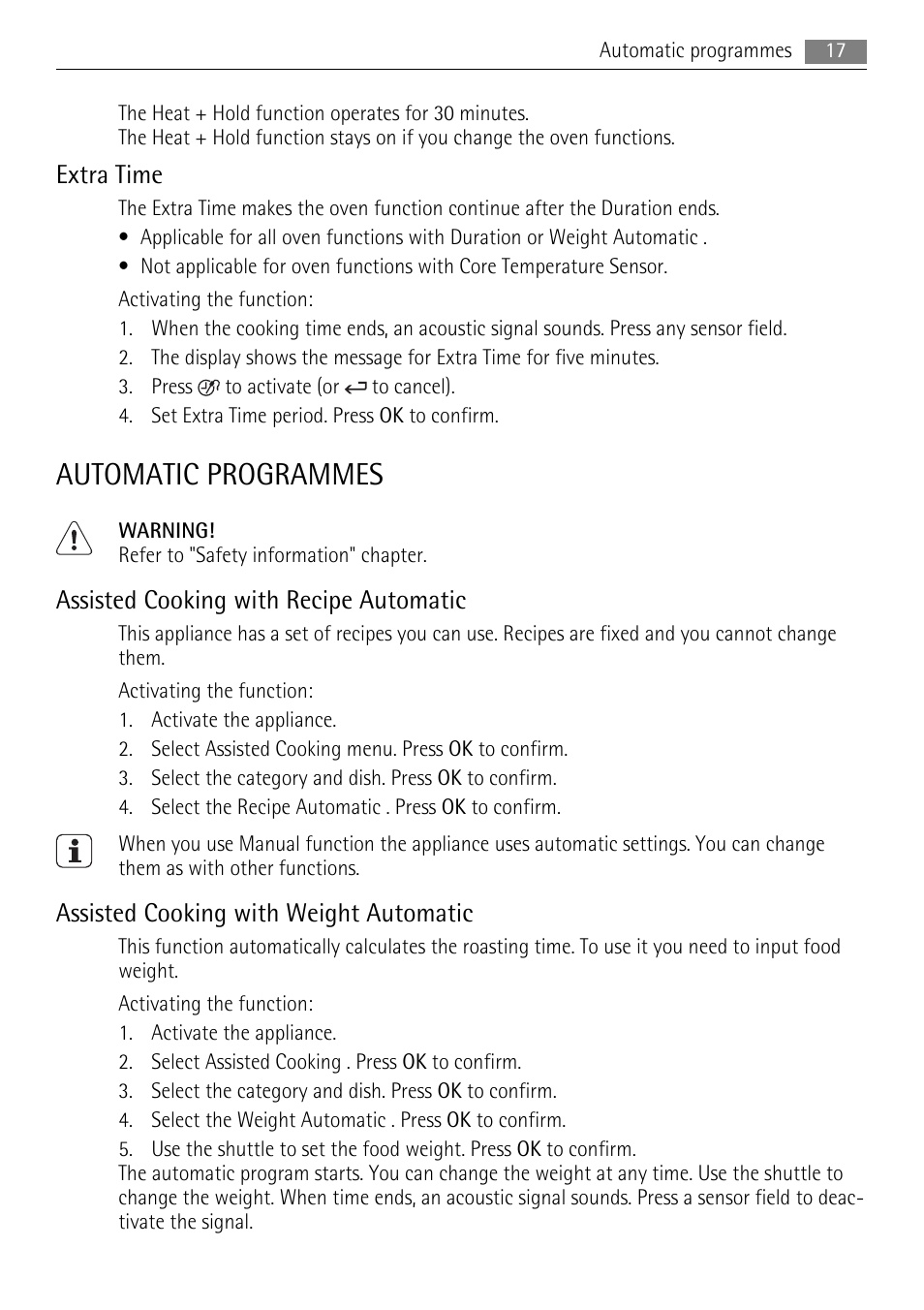 Automatic programmes, Extra time, Assisted cooking with recipe automatic | Assisted cooking with weight automatic | AEG BS9304001 User Manual | Page 17 / 28